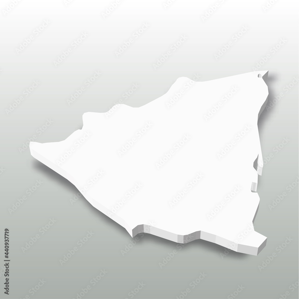 Nicaragua - white 3D silhouette map of country area with dropped shadow on grey background. Simple flat vector illustration. Nicaragua - white 3D silhouette map of country area with dropped shadow on grey background. Simple flat vector illustration.