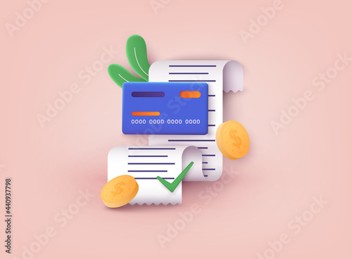 Invoice, bill icon suitable for info graphics. Payment of utility, bank, restaurant and other bill. 3D Web Vector Illustrations.