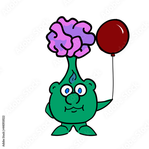 Brainy Smart Alien Child Red Balloon Silly Funny Cute Character Illustration Vector Design
