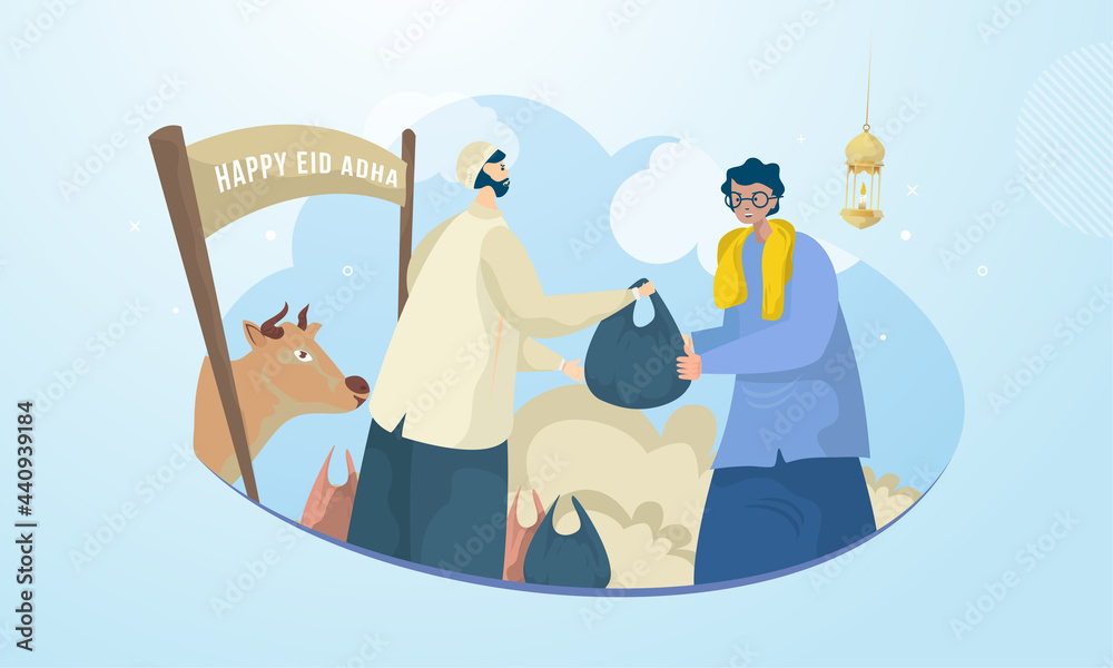 A Muslim distributes sacrificial animals to celebrate Eid al-Adha illustration