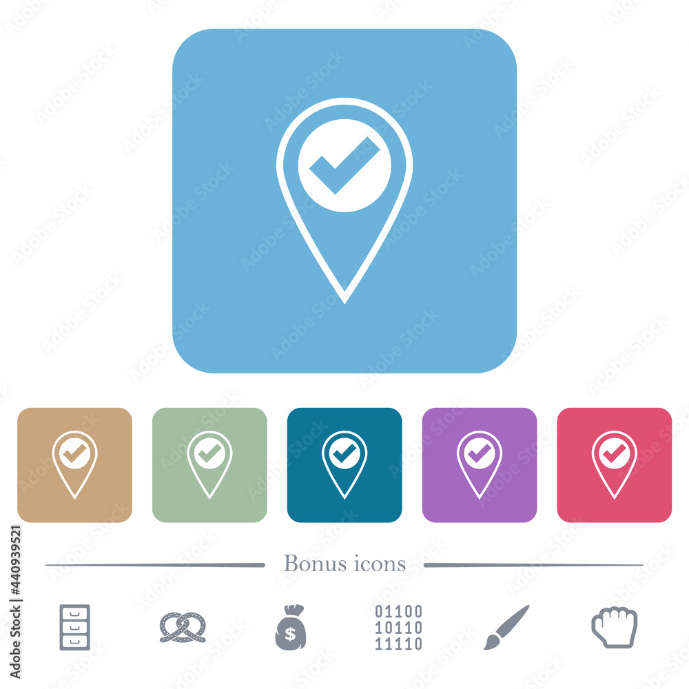 GPS location OK flat icons on color rounded square backgrounds GPS location OK flat icons on color rounded square backgrounds