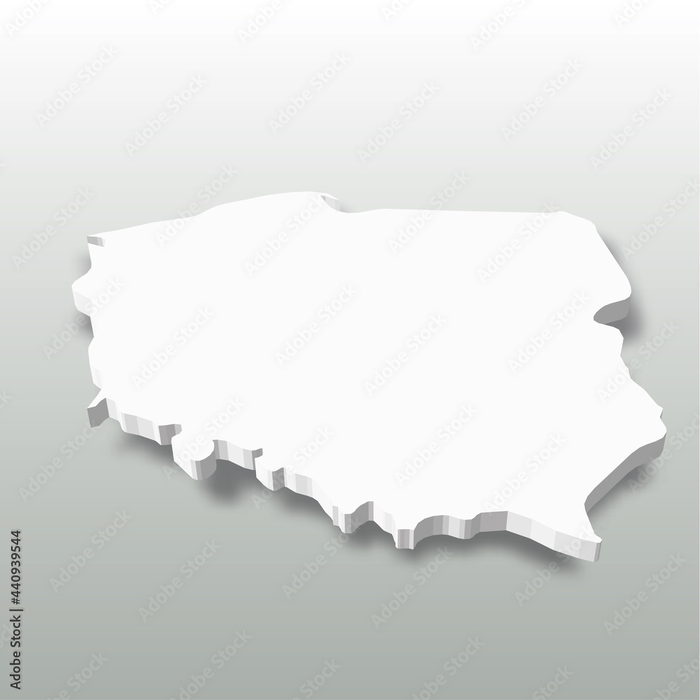 Poland - white 3D silhouette map of country area with dropped shadow on grey background. Simple flat vector illustration.