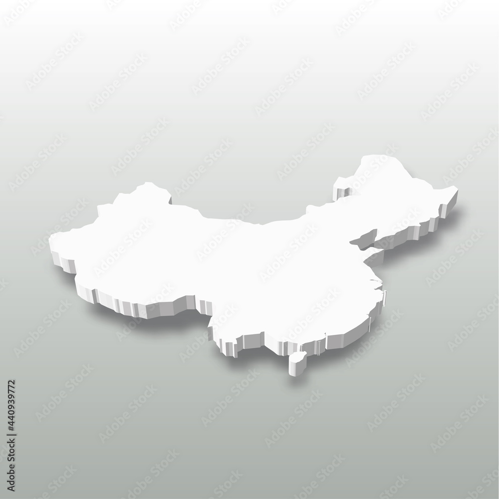 China - white 3D silhouette map of country area with dropped shadow on grey background. Simple flat vector illustration.
