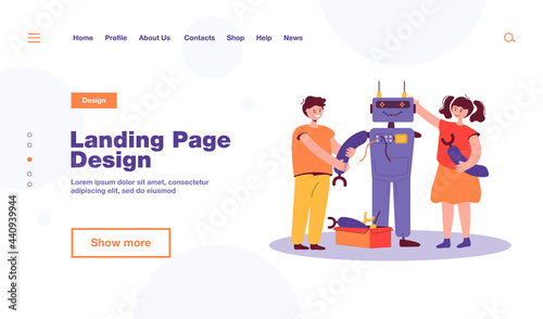 Happy children making robot for school project flat vector illustration. Cartoon students learning robotics with teacher. Engineering technology and education concept