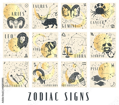 Set of Zodiac signs icons in boho style. trendy vector illustrations.Horoscope sign line art silhouette design vector illustration. Creative decorative elegant astrology zodiac emblem
