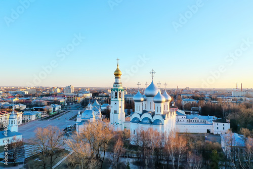 spring top view of vologda landscape, church and cathedral, view in russia orthodoxy architecture