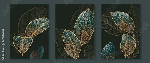 Luxury gold wallpaper.  Black and golden abstract background. Tropical leaves wall art design with dark blue and green color, shiny golden light texture. Modern art mural wallpaper.