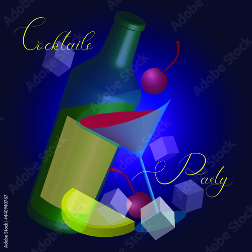 illustration of a cocktail party made of 3d bottle, glass, ice, cherry and lemon