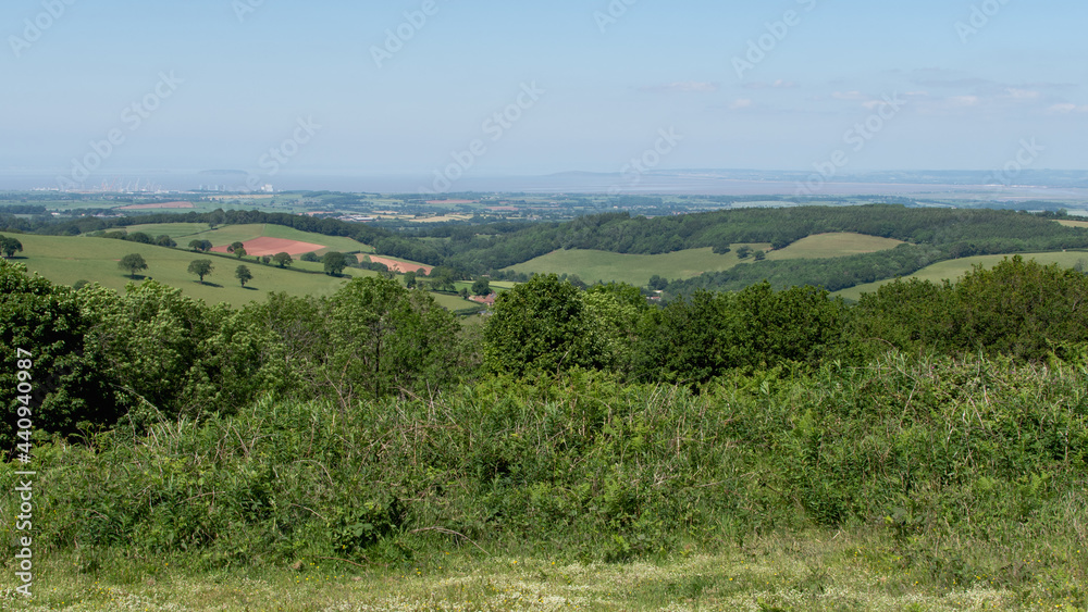 Panorama of Quantock Hills Somerset England UK countryside views towards Hinkley Point Nuclear Power station and Bristol Channel on a summer day. Contrast nuclear and nature.