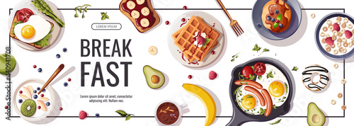 Promo flyer for breakfast menu, healthy eating, nutrition, cooking,  fresh food, dessert, diet, pastry, cuisine. Vector illustration for banner, flyer, cover, advertising, menu, poster.