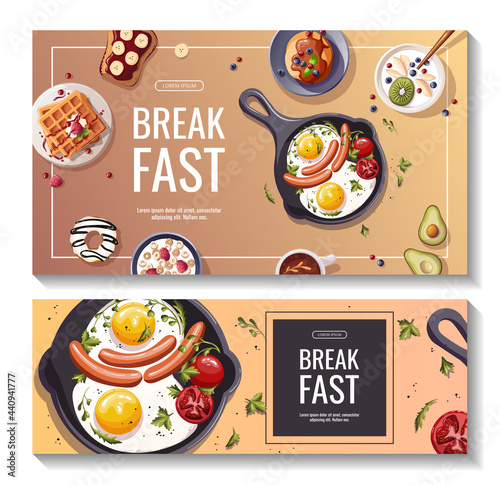 Set of promo banners for breakfast menu, healthy eating, nutrition, cooking, fresh food, dessert, diet, pastry, cuisine. Vector illustration for banner, flyer, cover, advertising, menu, poster.