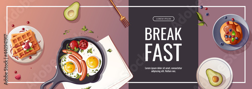 Pan with scrambled eggs and sausages, pancakes, waffles, avocado. Healthy eating, nutrition, diet, cooking, breakfast menu, fresh food concept. Vector illustration for banner, flyer, poster.