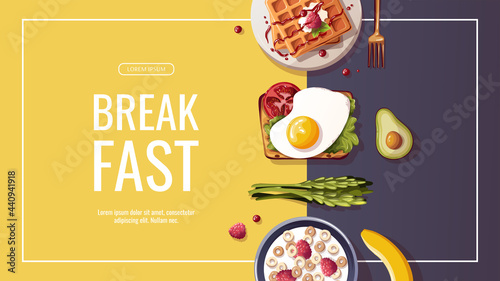 Toast with scrambled eggs, waffles, corn rings, asparagus, avocado. Healthy eating, nutrition, cooking, breakfast menu, fresh food concept. Vector illustration for banner, flyer, poster, promo.