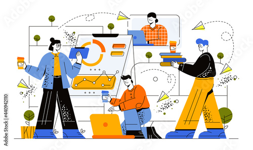 Successful Business Project Presentation, Company Strategy Planning. Business meeting and presentation in an office with a manager. Business people with coffee discussing important issues. Vector