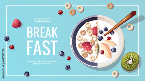 Promo banner with yogurt with fruits, corn rings with milk and berries. Healthy eating, nutrition, diet, cooking, breakfast menu, fresh food concept. Vector illustration for banner, flyer, poster.