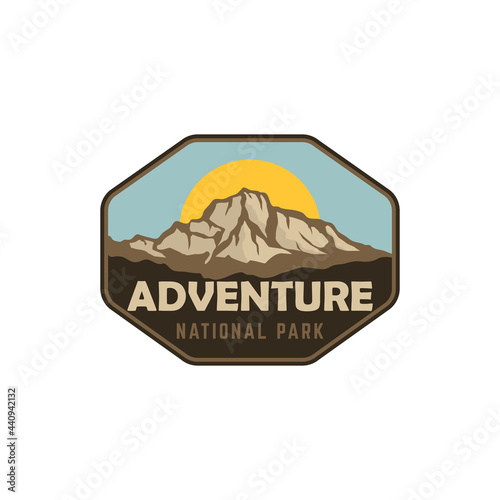 National park badge patch emblem vintage retro mountai sun and sky landscape illustration