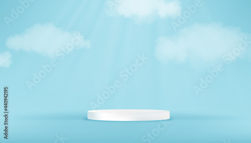 White round pedestal podium in Blue Sky Studio Room with cloud.Vector 3D Blue sky Gallery room with cylinder display with copy space,Minimal design use for backdrop shooting for products presentation