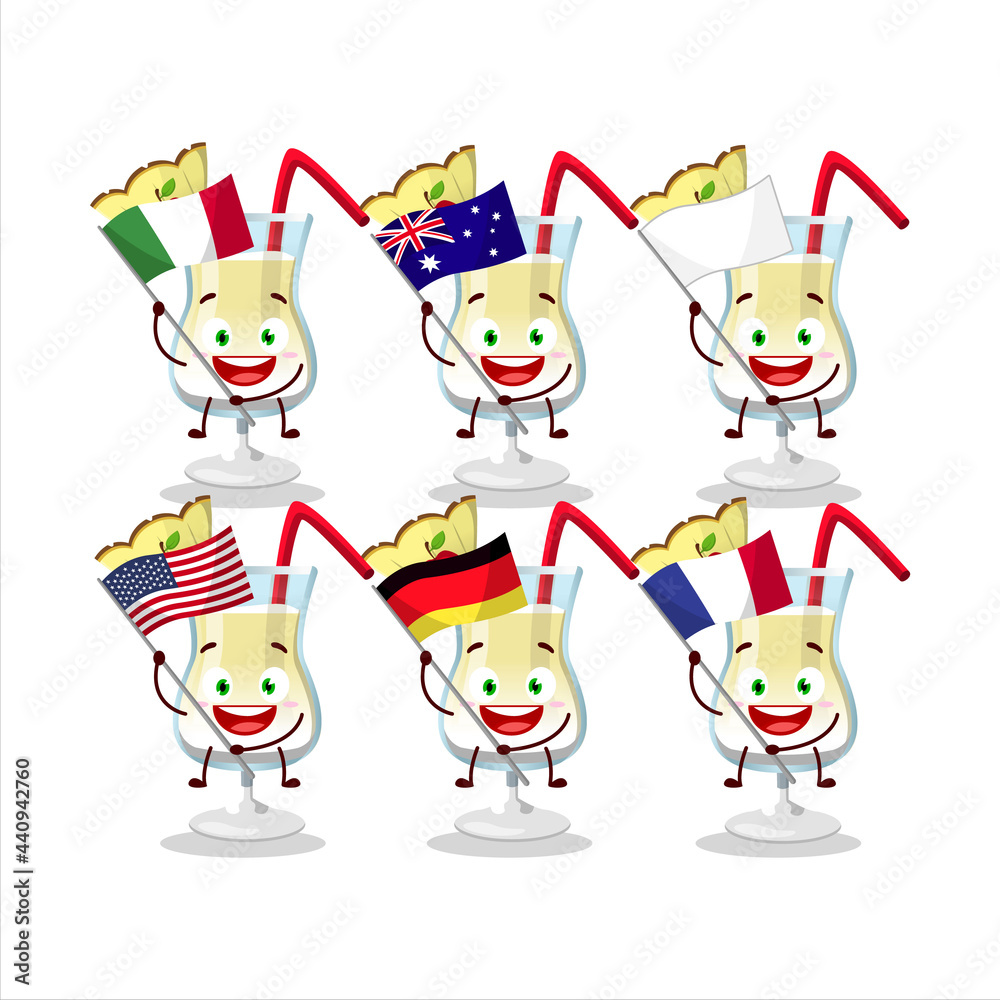 Pina colada cartoon character bring the flags of various countries Pina colada cartoon character bring the flags of various countries