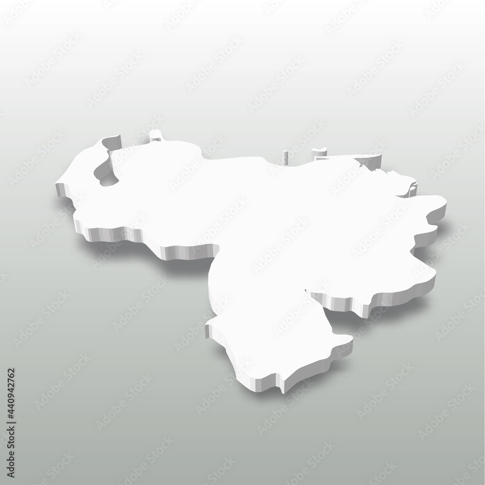 Venezuela - white 3D silhouette map of country area with dropped shadow on grey background. Simple flat vector illustration.