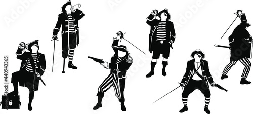 a small set of silhouettes of pirate captains in different situations with weapons having a rest and finding treasures on a white background 