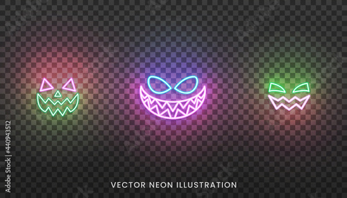 Neon face icons for Halloween. Set of bright neon colored face expreshions for Halloween