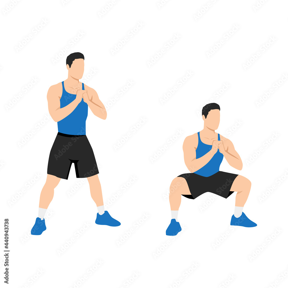 Man doing Bodyweight sumo wide stance squats exercise. Flat vector illustration isolated on white background Man doing Bodyweight sumo wide stance squats exercise. Flat vector illustration isolated on white background