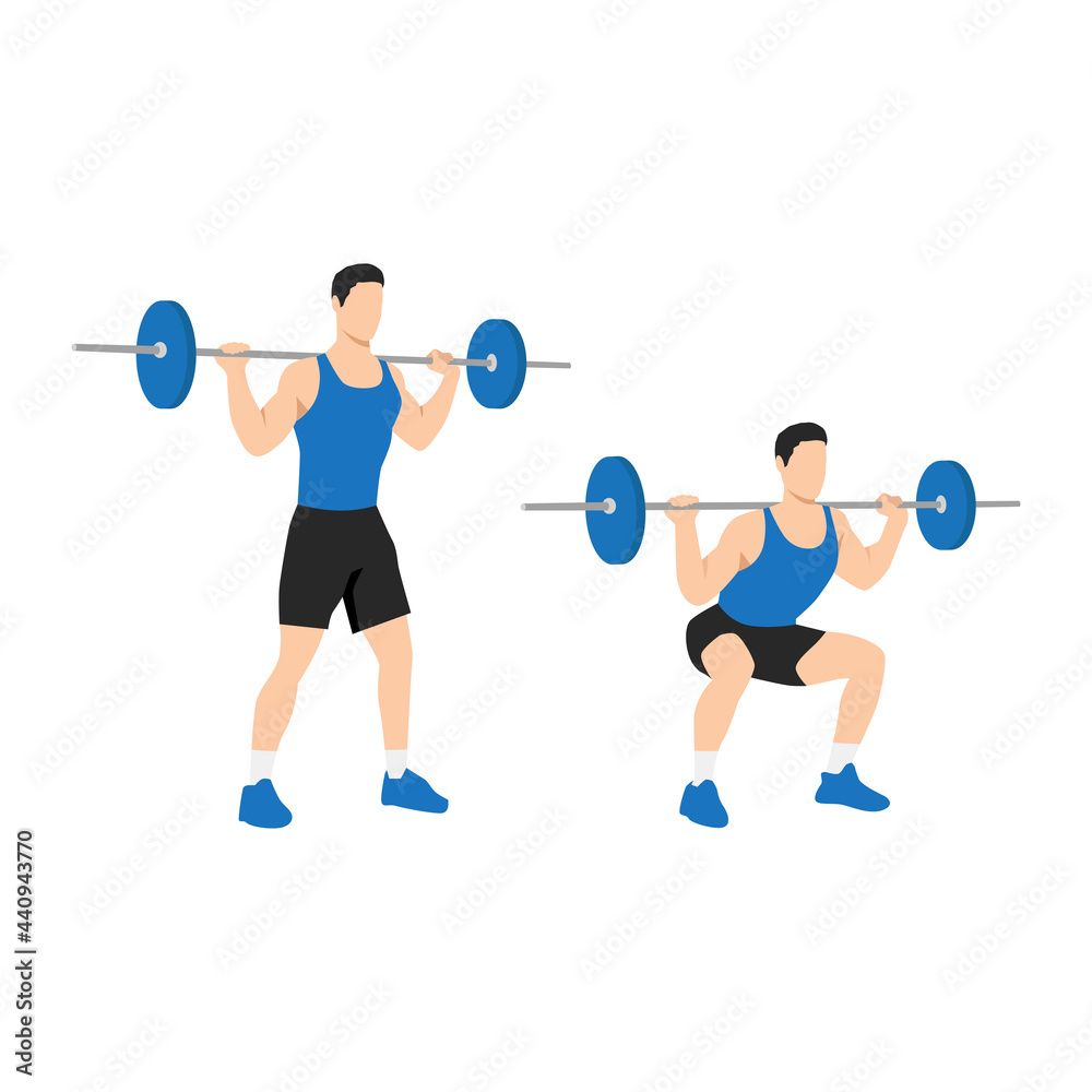 Fototapeta premium Man doing Barbell squat exercise. Flat vector illustration isolated on white background