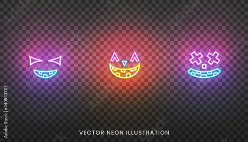 Halloween face neon icons. Set of bright neon colored face expreshions for Halloween