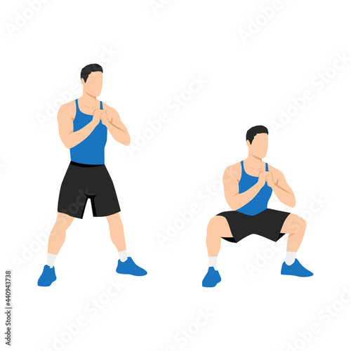 Man doing Bodyweight sumo wide stance squats exercise. Flat vector illustration isolated on white background