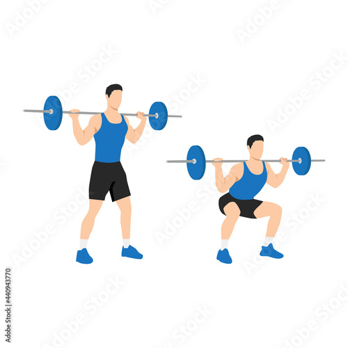Man doing Barbell squat exercise. Flat vector illustration isolated on white background