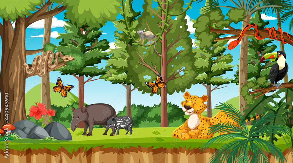 Forest at daytime scene with different wild animals