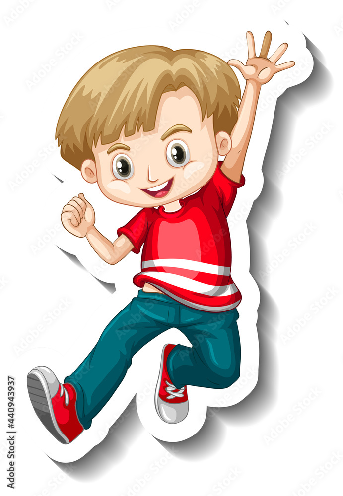 A sticker template with a boy wearing red t-shirt cartoon character