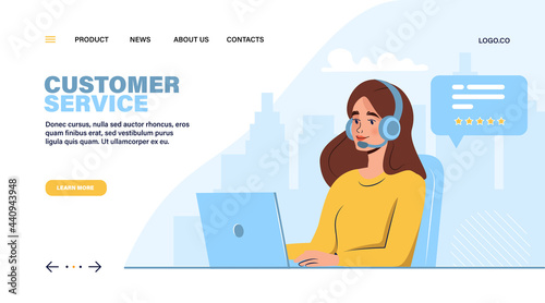 Call center or customer service landing page. Woman with laptop and headphones. Concept illustration for support, assistance. Vector illustration in flat style