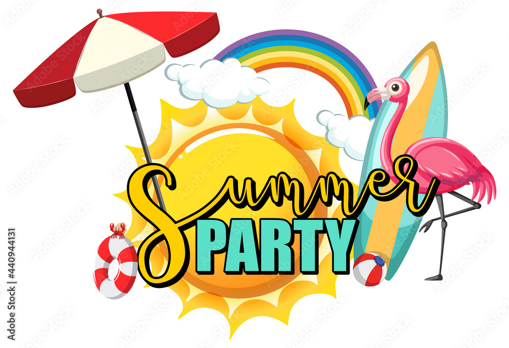 Summer Party text with flamingo and beach items isolated
