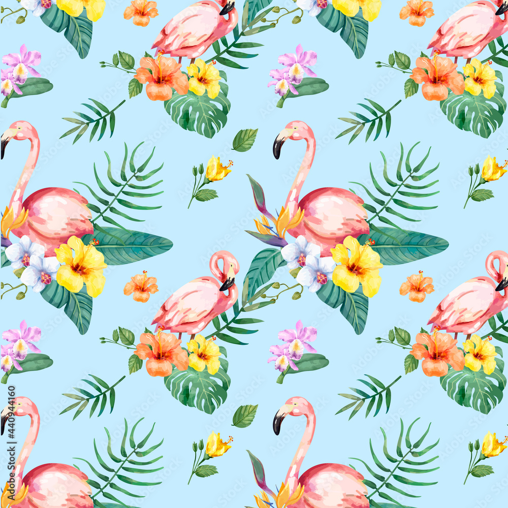 Hand drawn flamingo bird with tropical flowers pattern