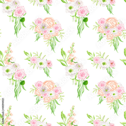 Watercolor floral seamless pattern. Elegant bouquets isolated on white. Blush flowers and greenery repeated background. Botanical print for wallpaper, wrapping, scrapbook paper, cards