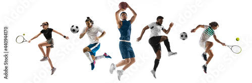 Sport collage. Tennis, basketball, soccer football players in motion isolated on white studio background.