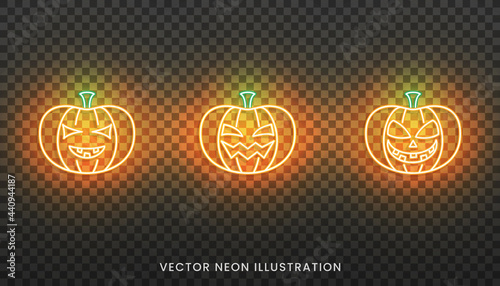 Halloween pumpkin neon sign. Set of bright Jack O Lantern for Halloween