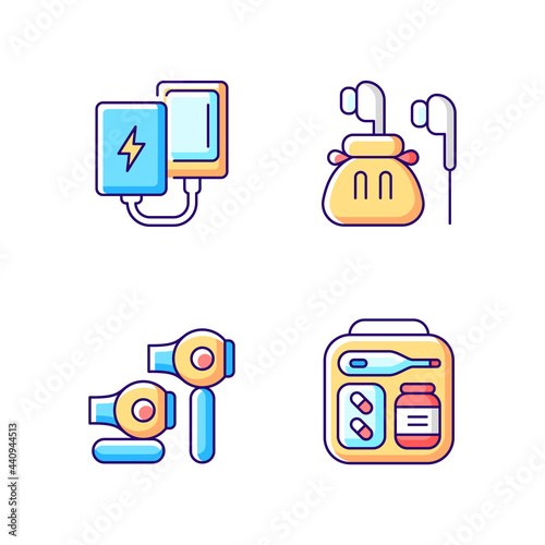 Traveller luggage RGB color icons set. Compact powerbank and headphones. First aid kit. Isolated vector illustrations. Mini size objects for tourist comfort simple filled line drawings collection