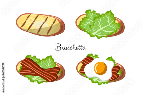bacon sandwich, egg, salad. instructions, step-by-step preparation. cookbook. bruschetta with bacon