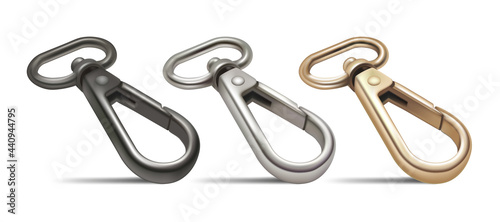 A set of carabiners for a bag strap. 3d vector illustration
