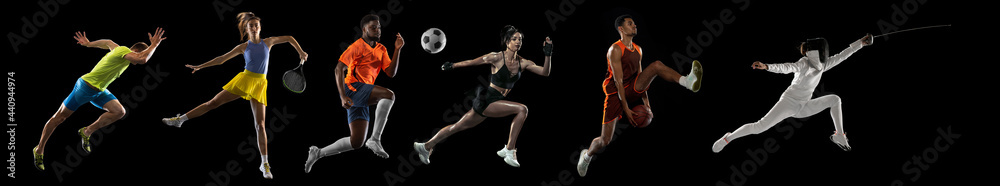 Sportsmen playing basketball, tennis, soccer football, fencing, fitness on black background in mixed light.