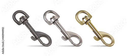 Set of three carabiners for the bag strap. 3d vector illustration