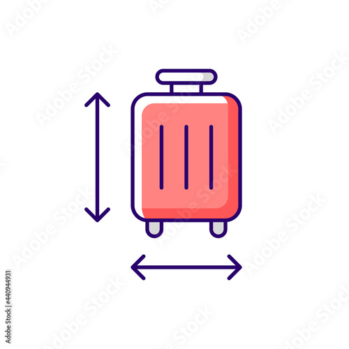 Baggage size RGB color icon. Measuring luggage for airport regulation. Suitcase check for flight. Essential things for tourist. Isolated vector illustration. Travel objects simple filled line drawing