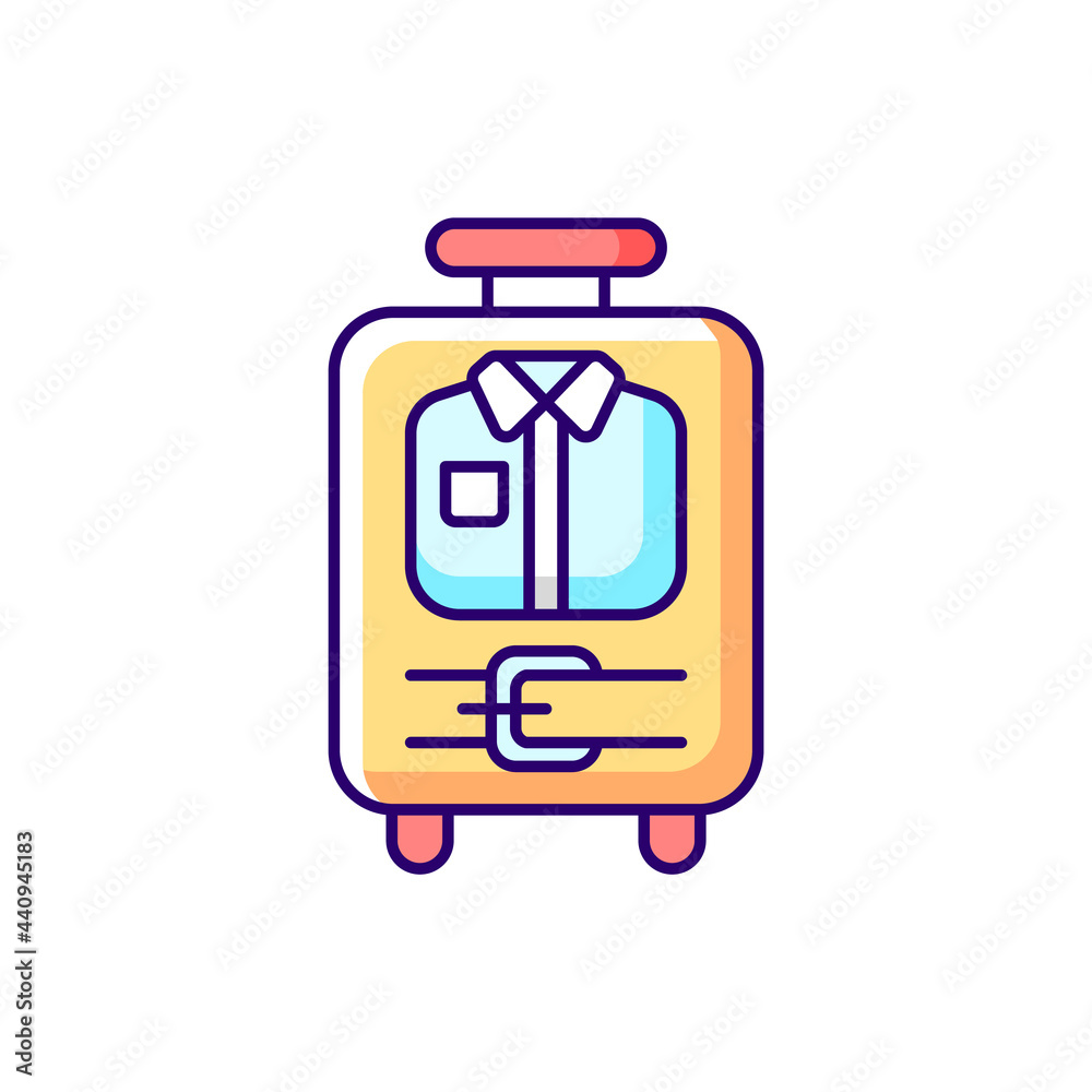 Open suitcase with clothing RGB color icon. Garments and apparel in traveller baggage. Essential things for tourist. Isolated vector illustration. Travel size objects simple filled line drawing Open suitcase with clothing RGB color icon. Garments and apparel in traveller baggage. Essential things for tourist. Isolated vector illustration. Travel size objects simple filled line drawing