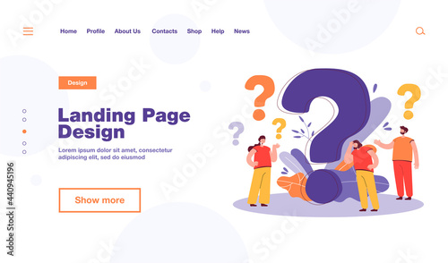 Pensive people asking frequently asked questions isolated flat vector illustration. Cartoon tiny characters standing near huge question mark. Help and communication concept