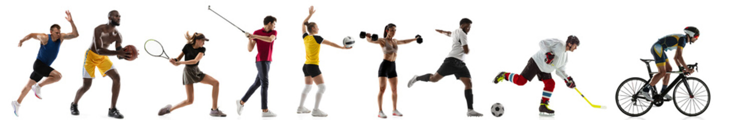 Sport collage. Tennis, basketball, soccer football, hockey, golf, cycling, fitness, running, volleyball players in motion isolated on white background