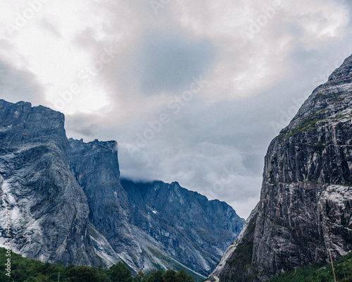 Detailed layered mountain cliffs and trees