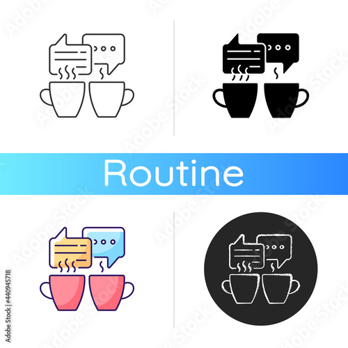 Socializing icon. Friends meeting over coffee. Talking over hot cafe drinks. Speech bubbles with two cups. Everyday routine. Linear black and RGB color styles. Isolated vector illustrations