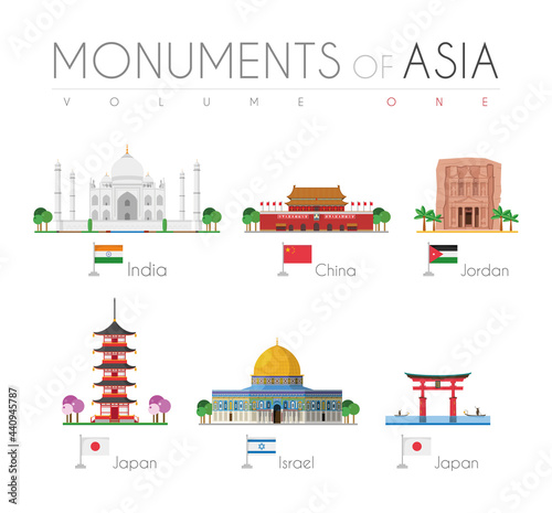 Monuments of Asia in cartoon style Volume 1: Taj Mahal, Forbidden City (China), Petra (Jordan), Gojunoto Pagoda (Japan), Dome of the Rock (Israel) and Miyamina Torii Gate (Japan) . Vector illustration photo